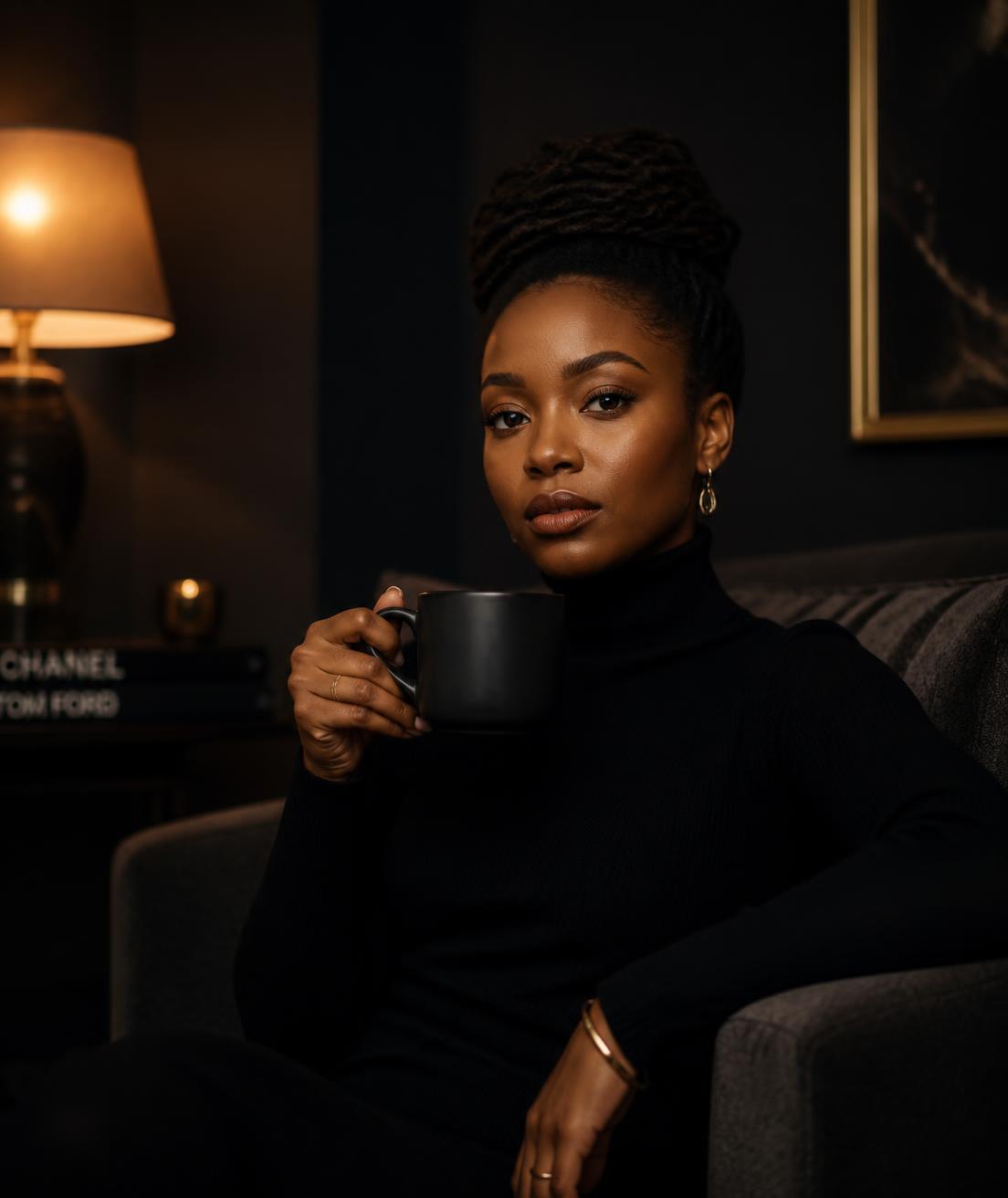Nadege Nanadoum seated in warm lamplight holding a mug