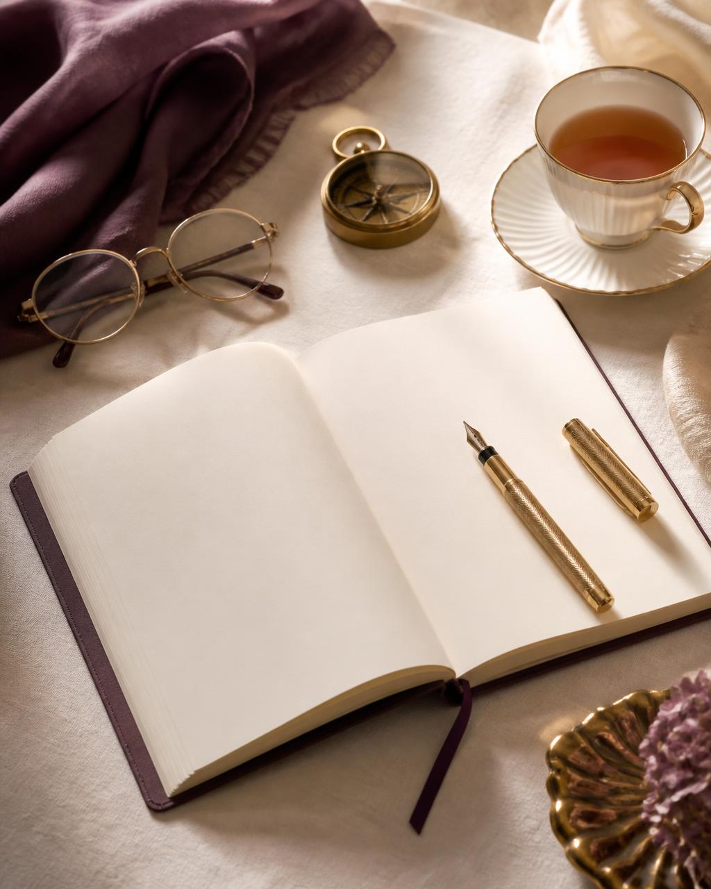 Open blank notebook with a gold pen, glasses and a brass compass on ivory linen
