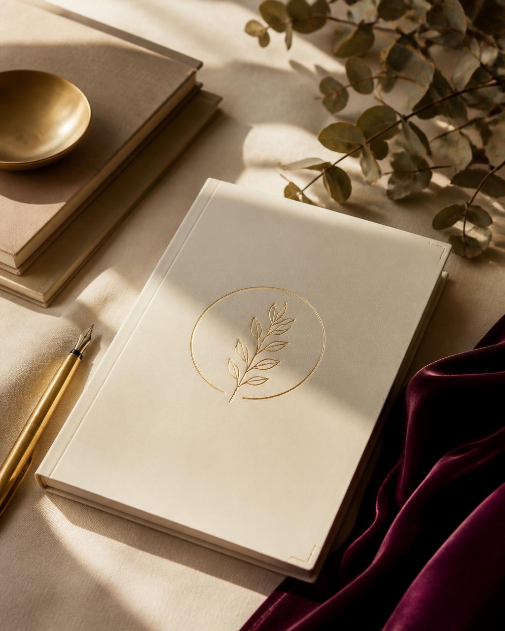 The Financial Freedom Blueprint™ premium workbook styled with a gold pen and plum velvet