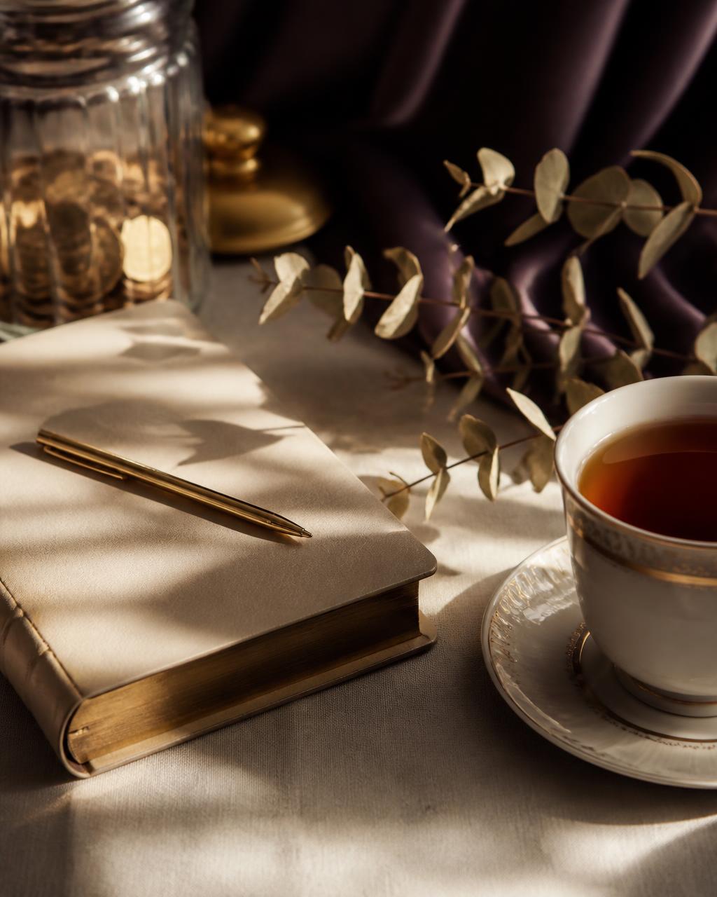 Journal, gold pen and savings jar arranged for calm financial planning