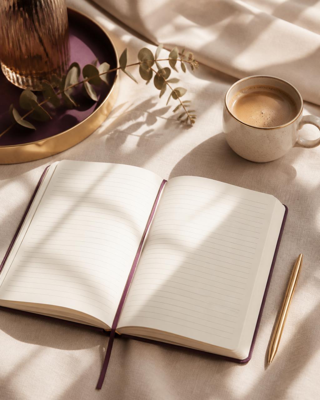 Open blank workbook, gold pen and coffee in soft morning light on ivory linen